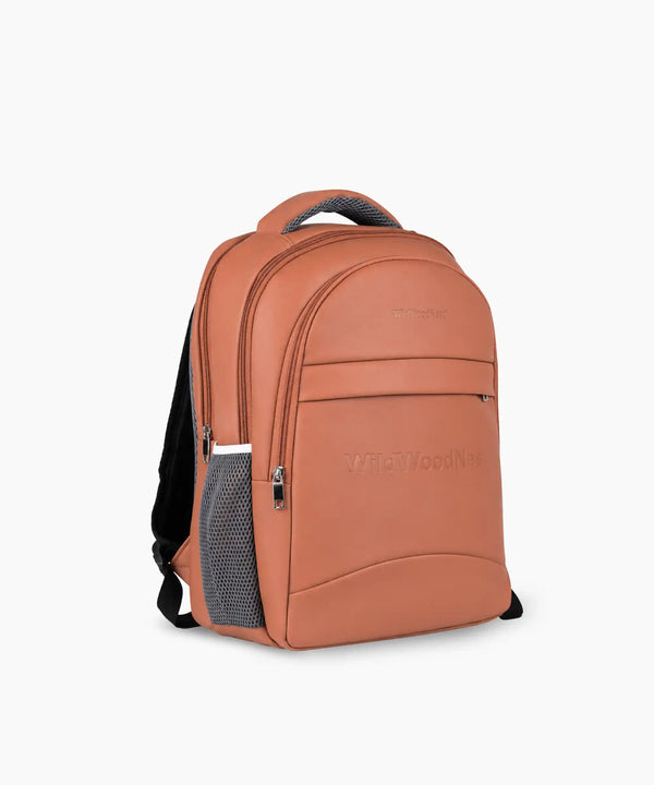 PU leather unisex backpack in tan with padded laptop compartment
