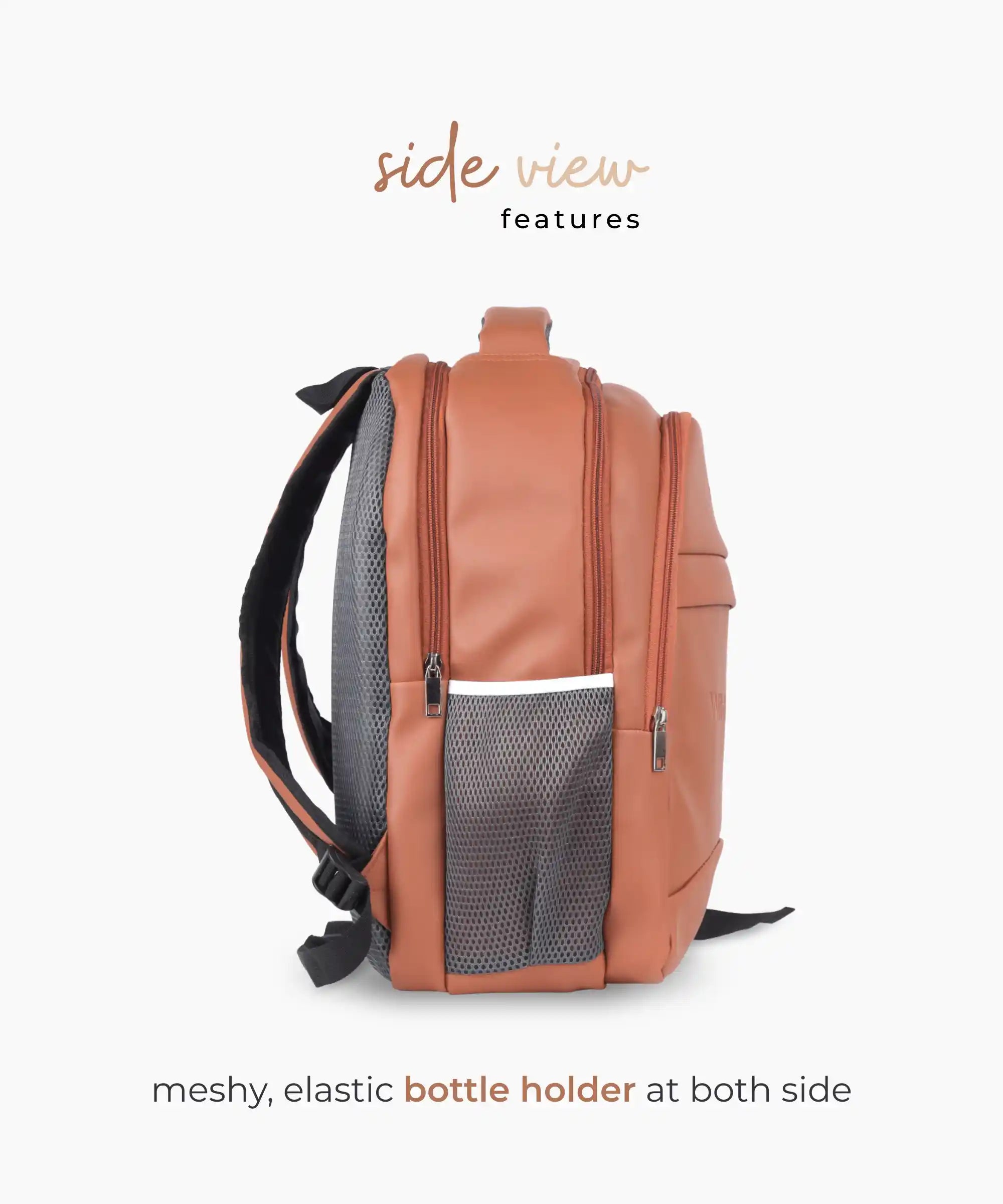 PU leather unisex backpack in tan with padded laptop compartment