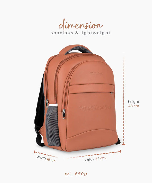 PU leather unisex backpack in tan with padded laptop compartment