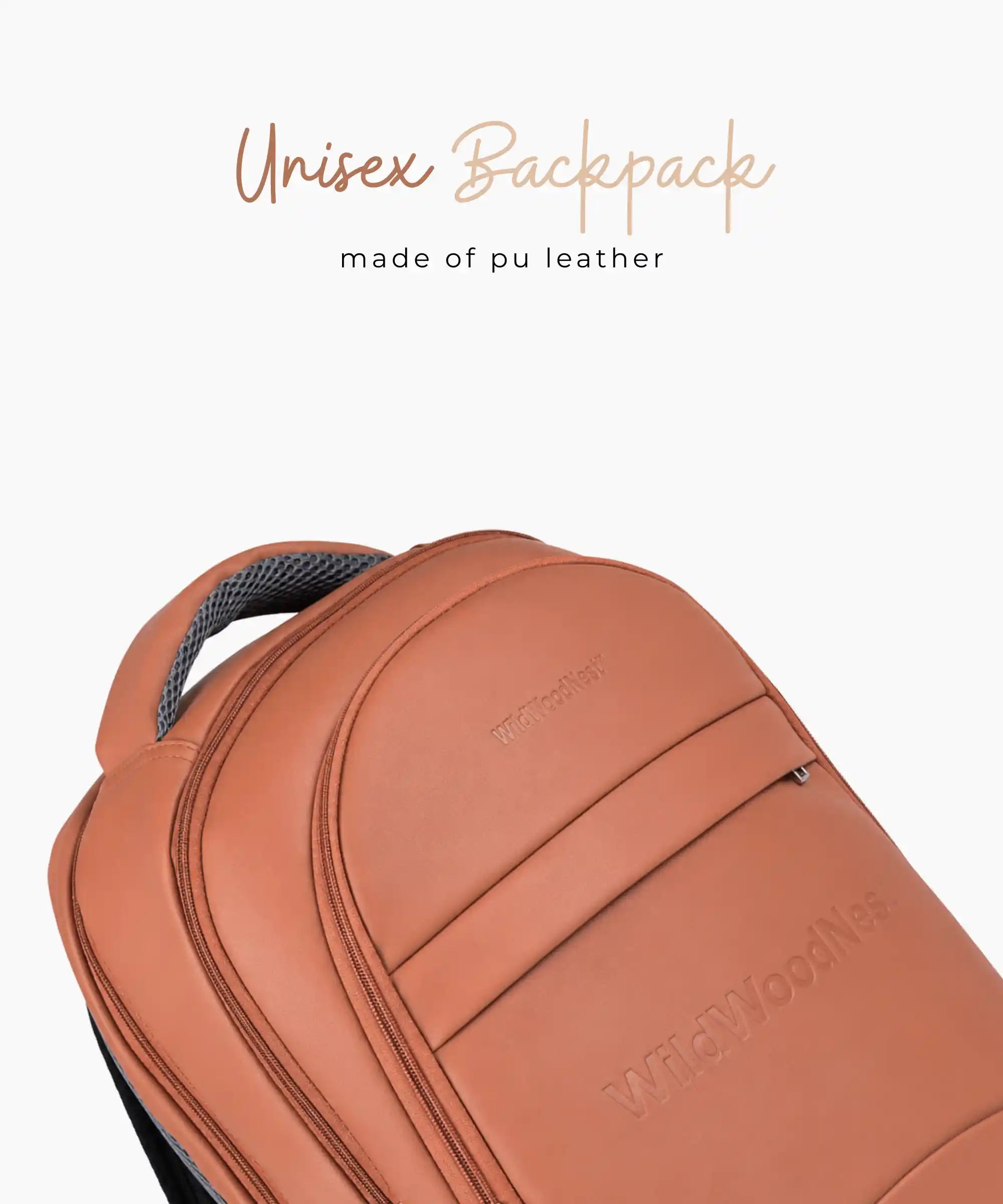 PU leather unisex backpack in tan with padded laptop compartment