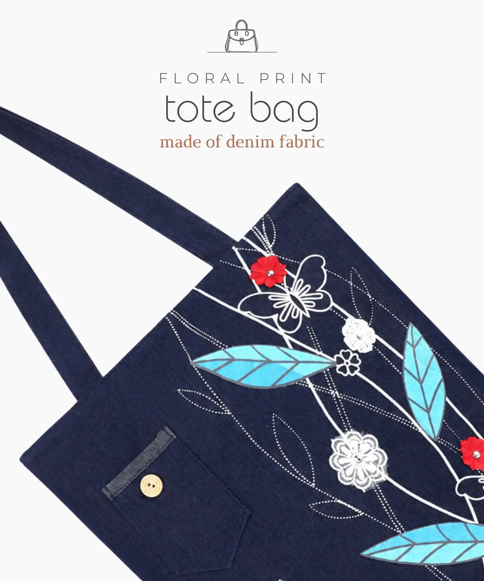 Denim Tote Bag for Women - Large Capacity Canvas Shoulder Bag with Zipper Closure, Floral Print Casual Handbag for Work, College, Travel & Everyday Use