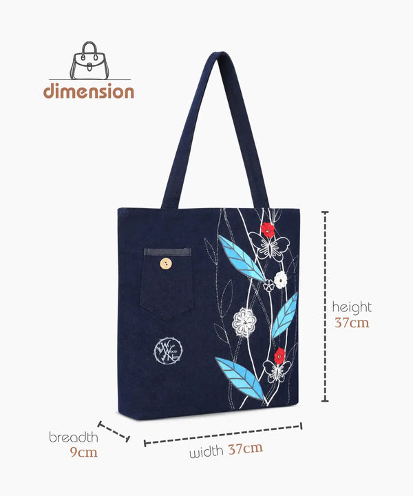 Denim Tote Bag for Women - Large Capacity Canvas Shoulder Bag with Zipper Closure, Floral Print Casual Handbag for Work, College, Travel & Everyday Use