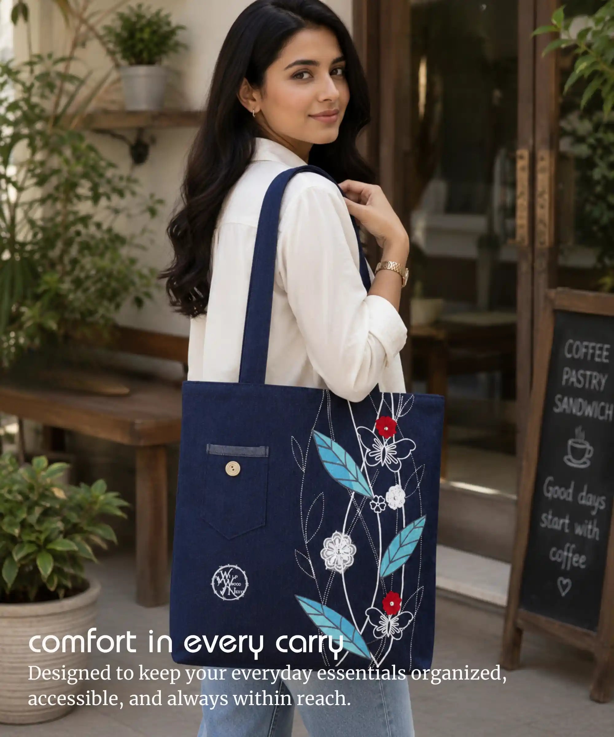 Denim Tote Bag for Women - Large Capacity Canvas Shoulder Bag with Zipper Closure, Floral Print Casual Handbag for Work, College, Travel & Everyday Use