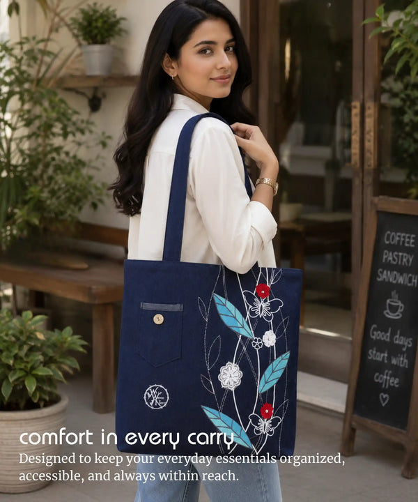 Denim Tote Bag for Women - Large Capacity Canvas Shoulder Bag with Zipper Closure, Floral Print Casual Handbag for Work, College, Travel & Everyday Use