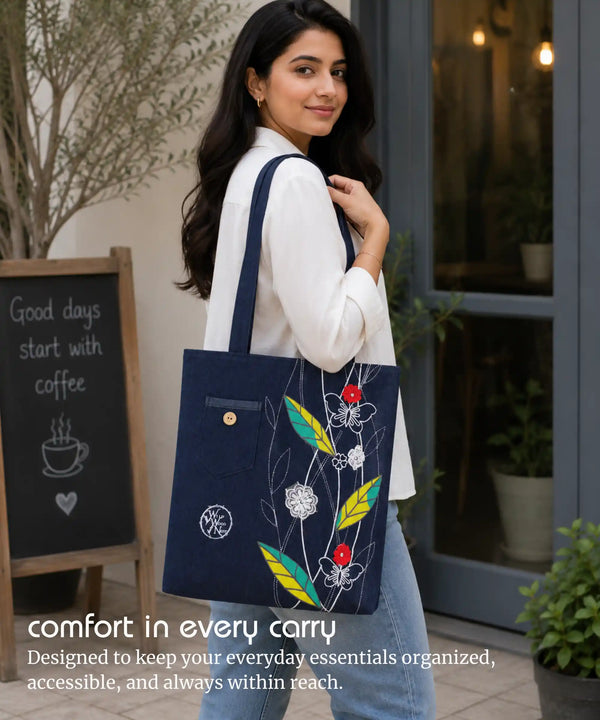 Denim Tote Bag for Women - Large Capacity Canvas Shoulder Bag with Zipper Closure, Floral Print Casual Handbag for Work, College, Travel & Everyday Use