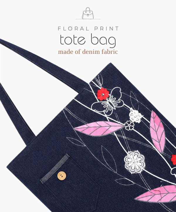 Denim Tote Bag for Women - Large Capacity Canvas Shoulder Bag with Zipper Closure, Floral Print Casual Handbag for Work, College, Travel & Everyday Use