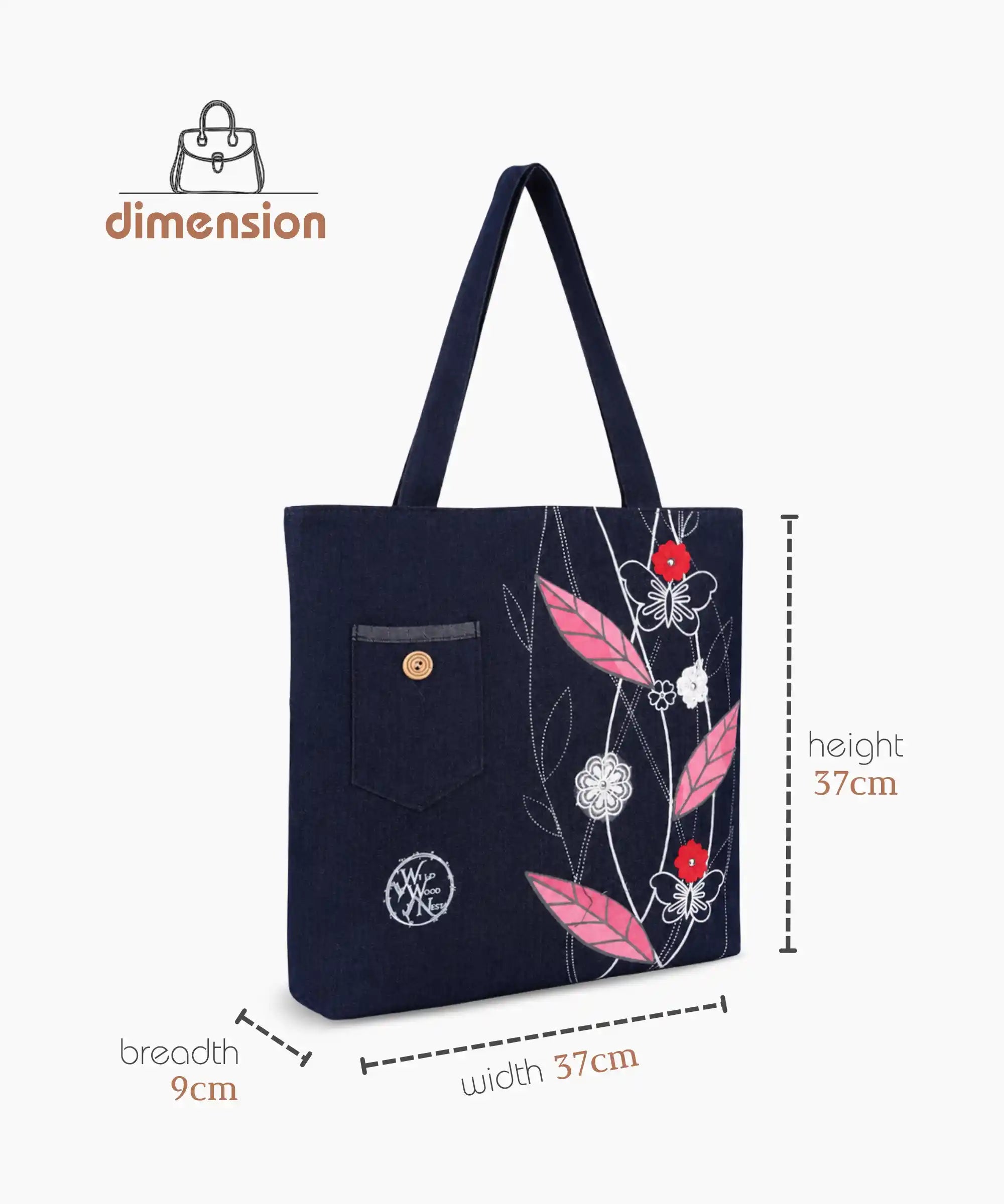 Denim Tote Bag for Women - Large Capacity Canvas Shoulder Bag with Zipper Closure, Floral Print Casual Handbag for Work, College, Travel & Everyday Use