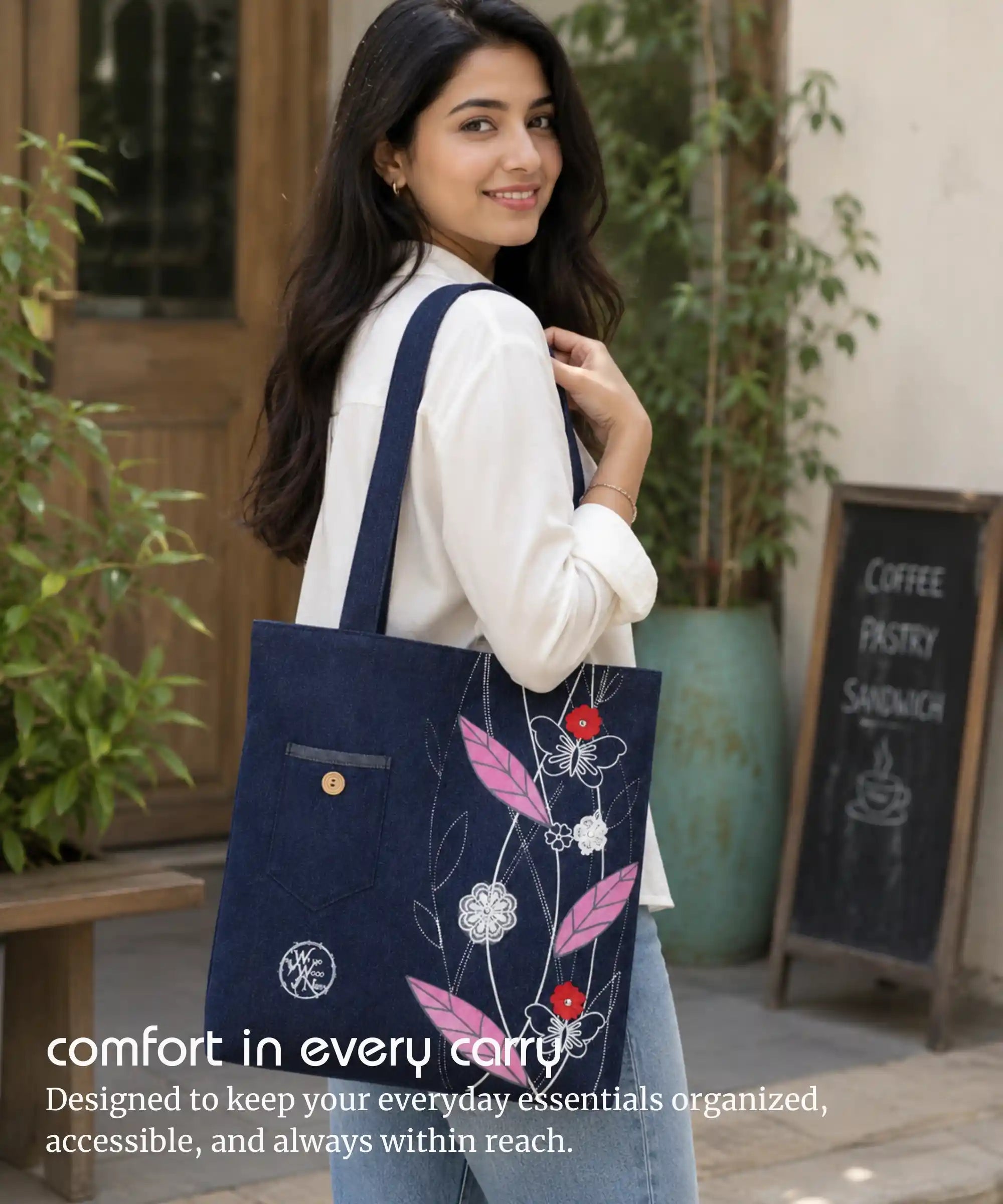 Denim Tote Bag for Women - Large Capacity Canvas Shoulder Bag with Zipper Closure, Floral Print Casual Handbag for Work, College, Travel & Everyday Use