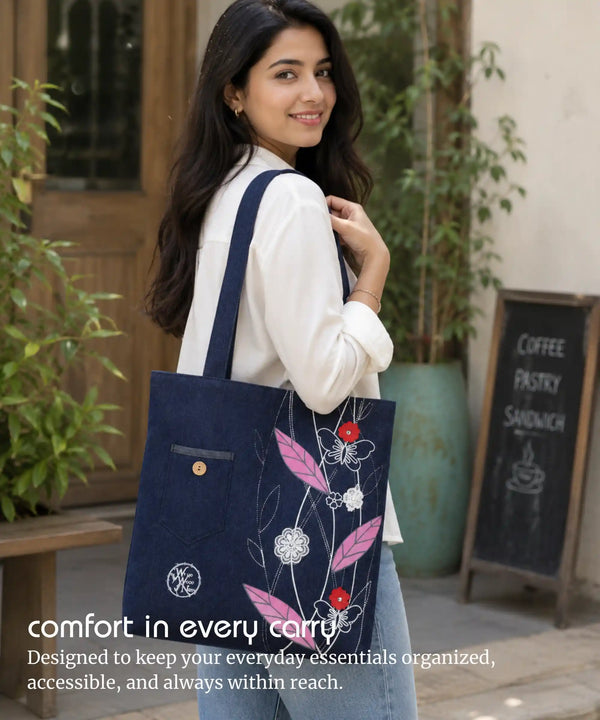 Denim Tote Bag for Women - Large Capacity Canvas Shoulder Bag with Zipper Closure, Floral Print Casual Handbag for Work, College, Travel & Everyday Use