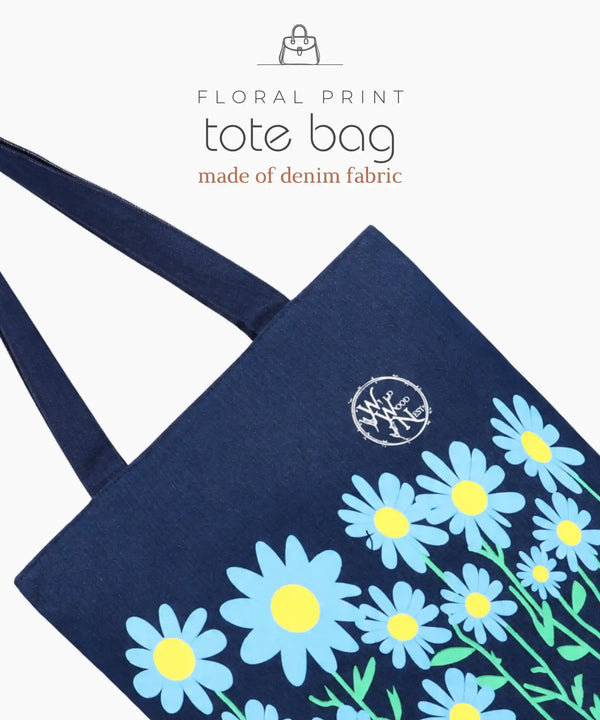 Denim Tote Bag for Women - Large Capacity Canvas Shoulder Bag with Zipper Closure, Floral Print Casual Handbag for Work, College, Travel & Everyday Use
