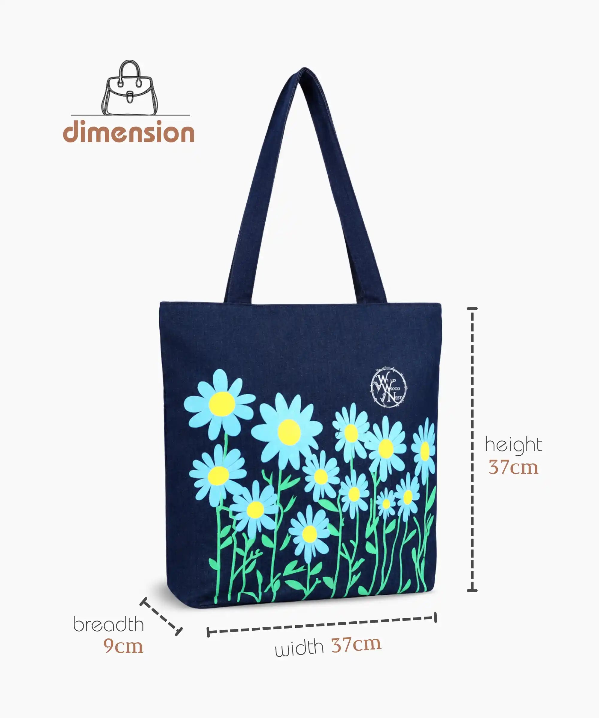 Denim Tote Bag for Women - Large Capacity Canvas Shoulder Bag with Zipper Closure, Floral Print Casual Handbag for Work, College, Travel & Everyday Use