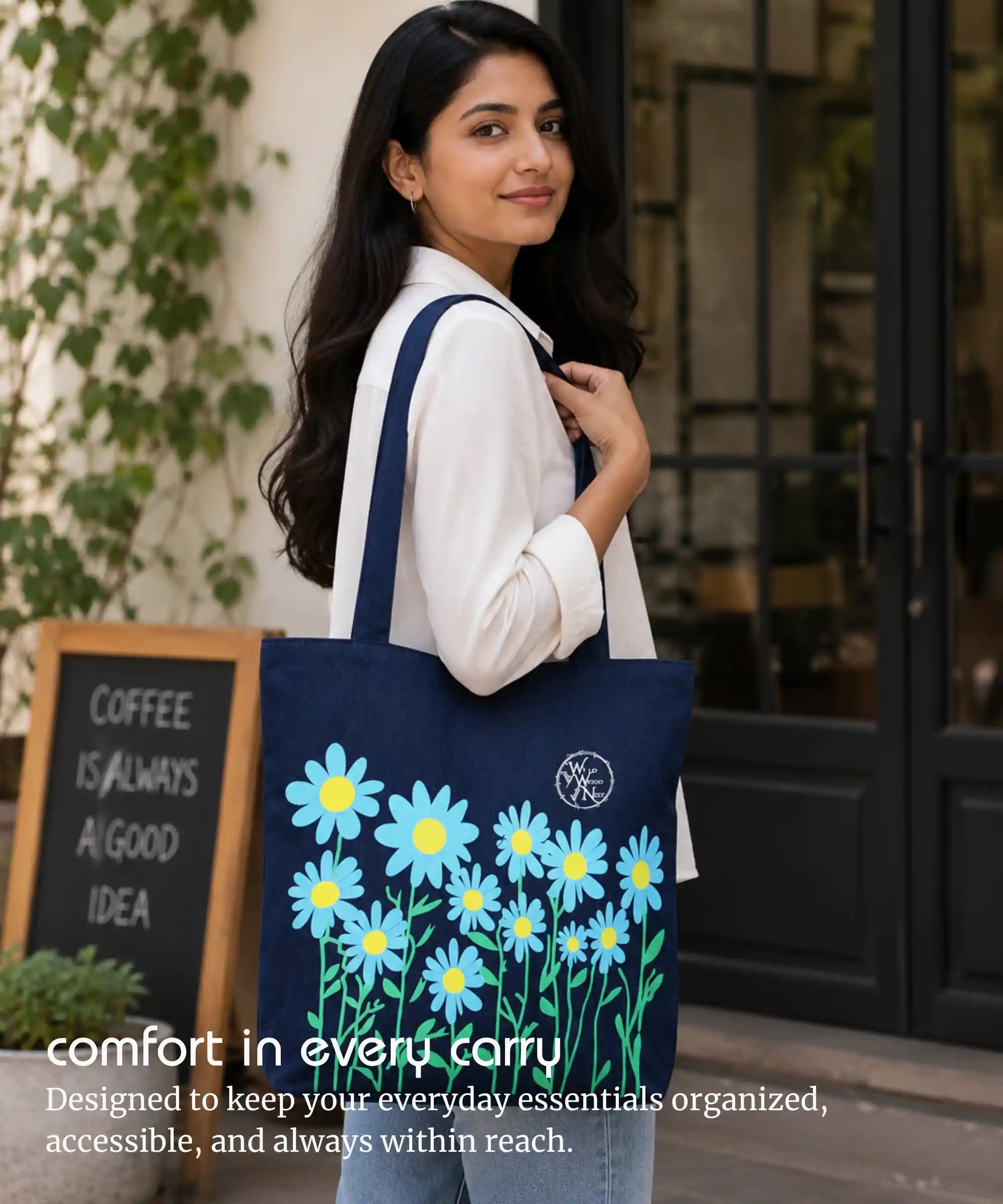 Denim Tote Bag for Women - Large Capacity Canvas Shoulder Bag with Zipper Closure, Floral Print Casual Handbag for Work, College, Travel & Everyday Use