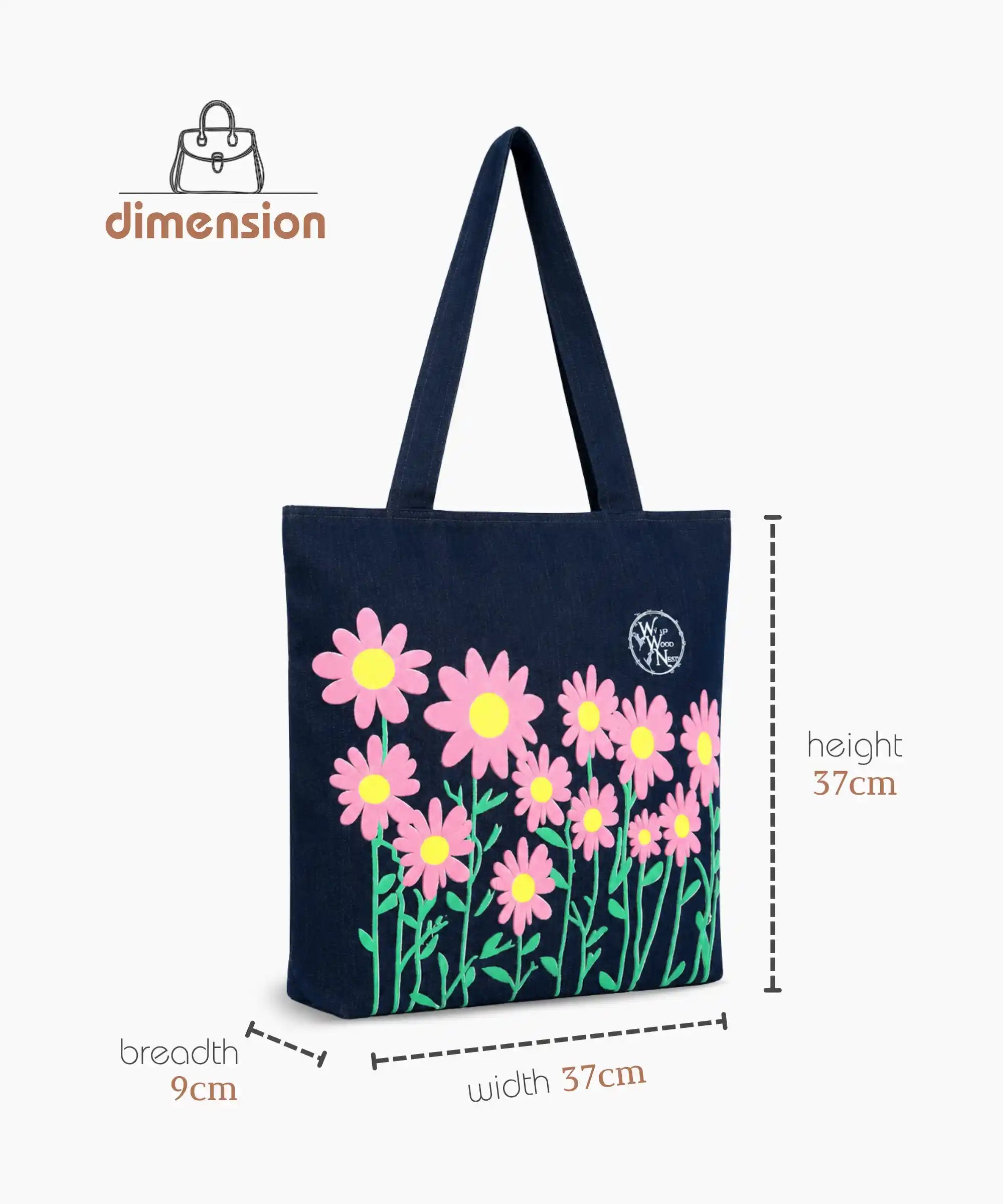 Denim Tote Bag for Women - Large Capacity Canvas Shoulder Bag with Zipper Closure, Floral Print Casual Handbag for Work, College, Travel & Everyday Use