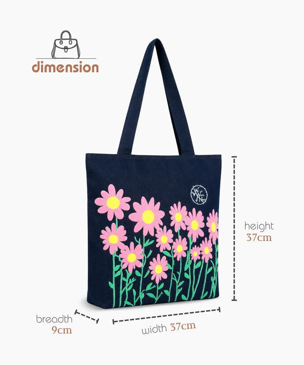 Denim Tote Bag for Women - Large Capacity Canvas Shoulder Bag with Zipper Closure, Floral Print Casual Handbag for Work, College, Travel & Everyday Use