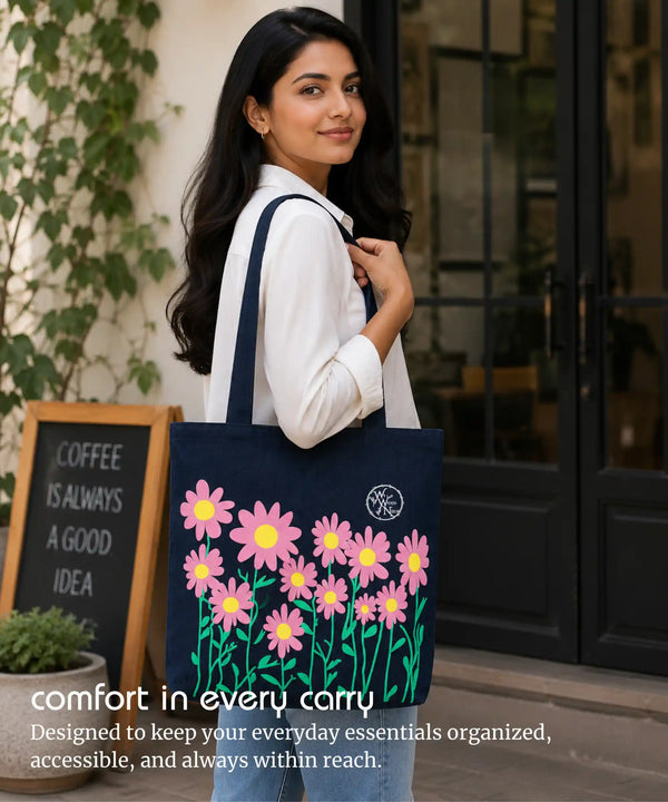 Denim Tote Bag for Women - Large Capacity Canvas Shoulder Bag with Zipper Closure, Floral Print Casual Handbag for Work, College, Travel & Everyday Use