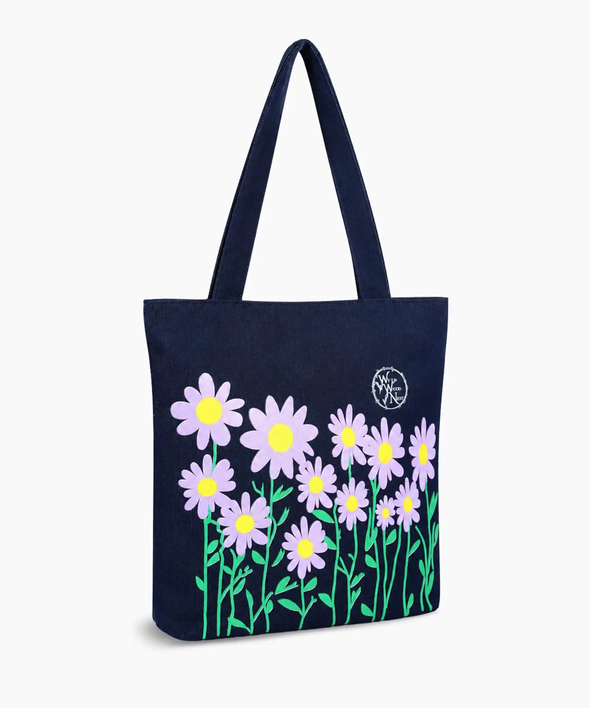 Denim Tote Bag for Women - Large Capacity Canvas Shoulder Bag with Zipper Closure, Floral Print Casual Handbag for Work, College, Travel & Everyday Use
