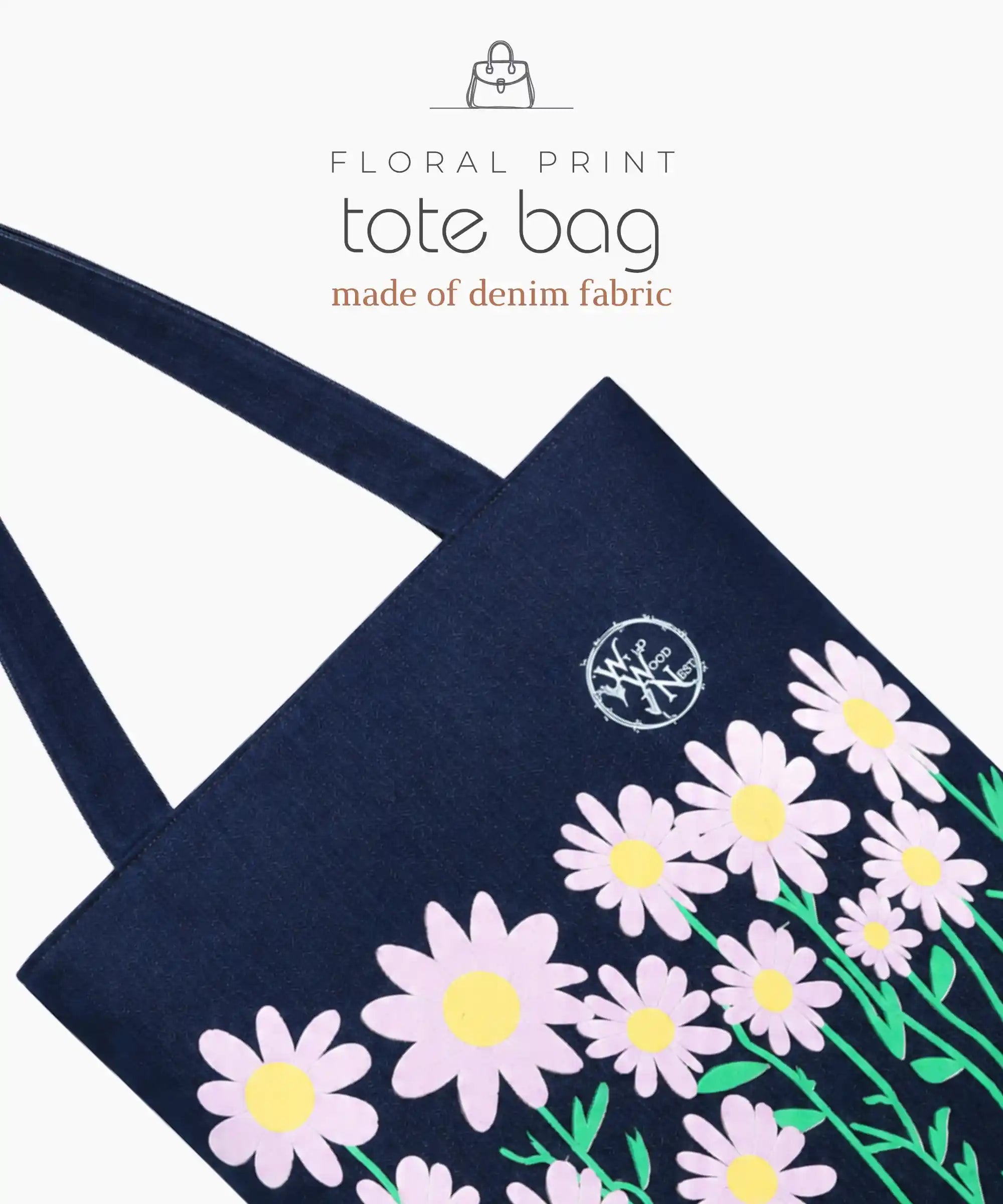 Denim Tote Bag for Women - Large Capacity Canvas Shoulder Bag with Zipper Closure, Floral Print Casual Handbag for Work, College, Travel & Everyday Use
