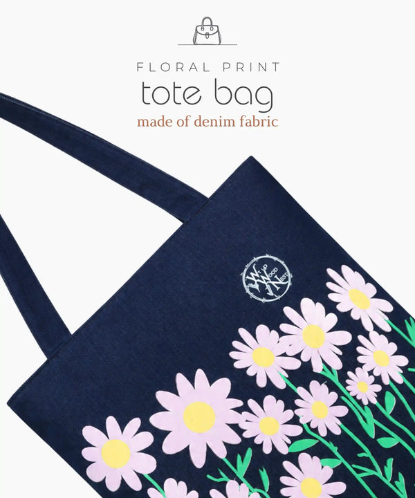 Denim Tote Bag for Women - Large Capacity Canvas Shoulder Bag with Zipper Closure, Floral Print Casual Handbag for Work, College, Travel & Everyday Use