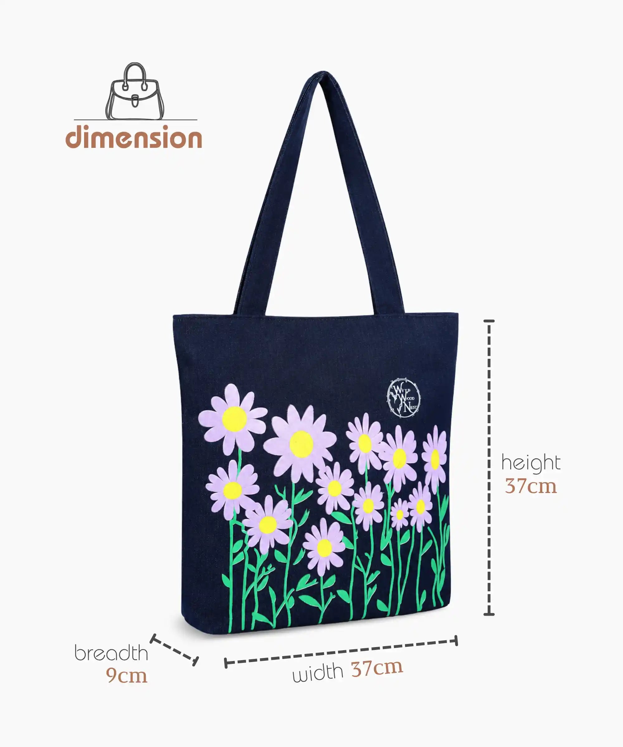 Denim Tote Bag for Women - Large Capacity Canvas Shoulder Bag with Zipper Closure, Floral Print Casual Handbag for Work, College, Travel & Everyday Use