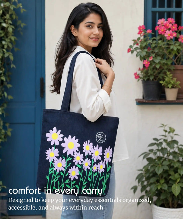 Denim Tote Bag for Women - Large Capacity Canvas Shoulder Bag with Zipper Closure, Floral Print Casual Handbag for Work, College, Travel & Everyday Use