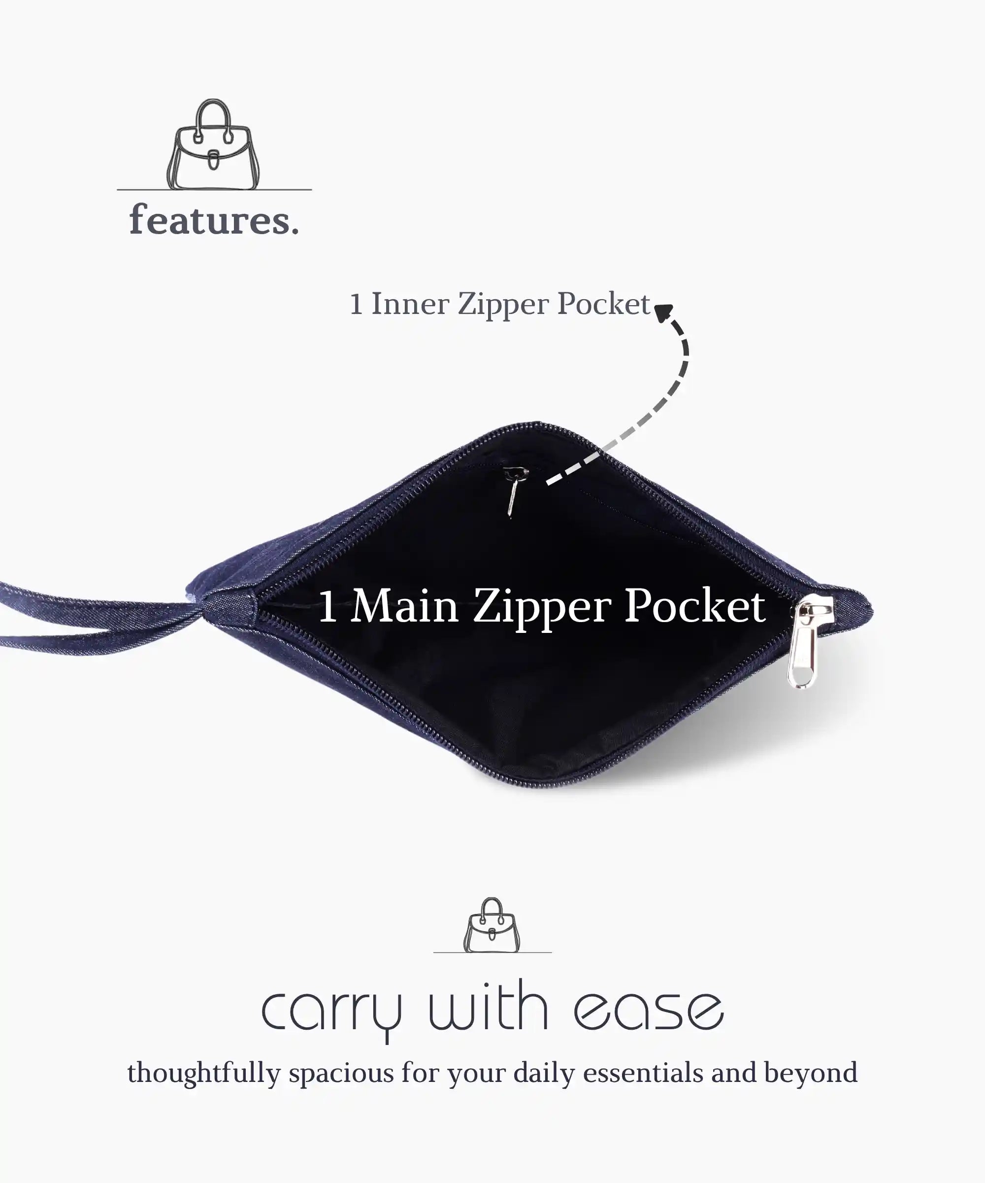 Denim Zipper Pouch for Women & Men, Multipurpose Travel Organizer, Stationery Bag, Cosmetic Bag, Clutch Wallet, Premium Jeans Fabric, Lightweight & Durable
