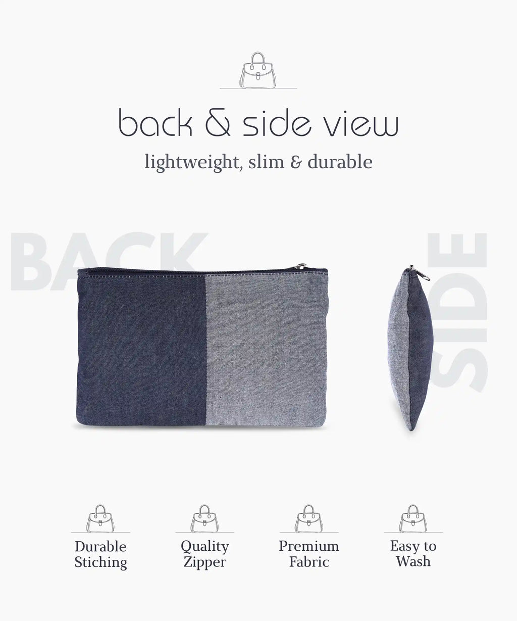 Denim Zipper Pouch for Women & Men, Multipurpose Travel Organizer, Stationery Bag, Cosmetic Bag, Clutch Wallet, Premium Jeans Fabric, Lightweight & Durable, 22x15 cm - Denim Blue