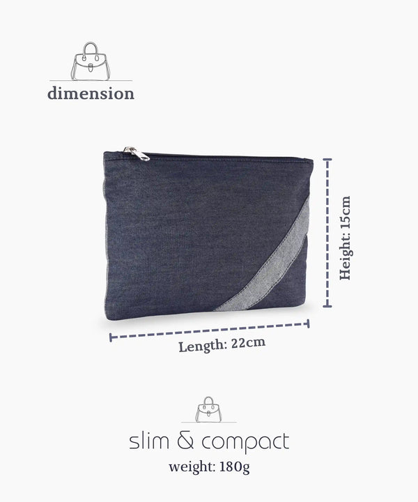 Denim Zipper Pouch for Women & Men, Multipurpose Travel Organizer, Stationery Bag, Cosmetic Bag, Clutch Wallet, Premium Jeans Fabric, Lightweight & Durable, 22x15 cm - Denim Blue